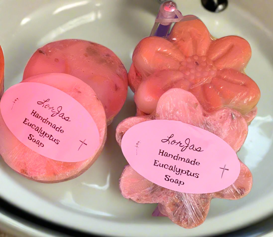 LorJas Handmade 'Eucalyptus & Mint' scented organic goat-milk-base soap with soap dish background