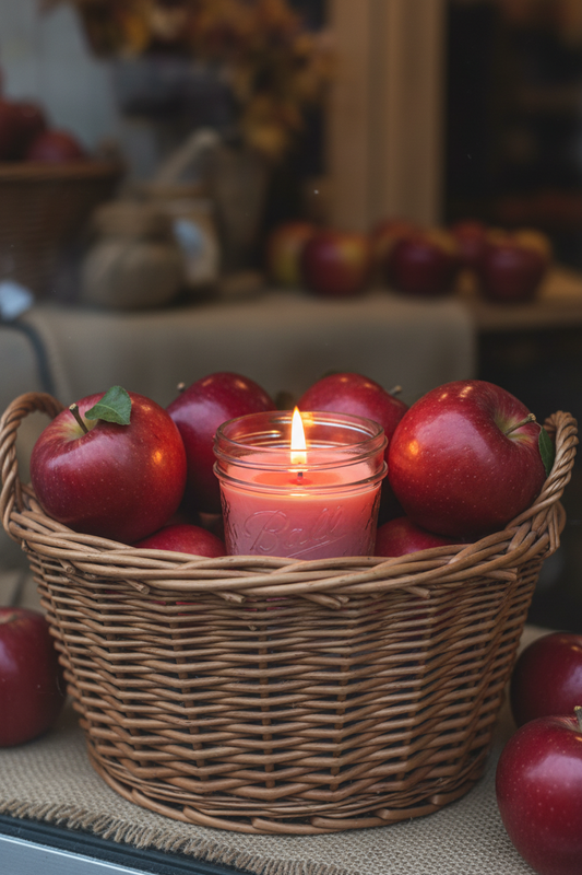 Wicker basket with red apples and a lit candle on a table with blurred background