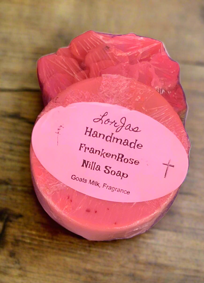 LorJas Handmade 'FrankenRose Nilla' scented organic goat milk soap with woodgrain background