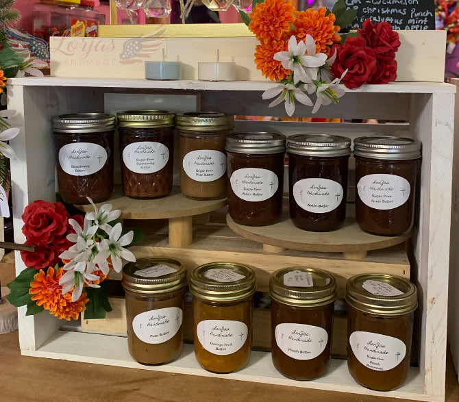 In-store display of naturally organic regular and sugar-free varieties of LorJas Handmade fruit butters