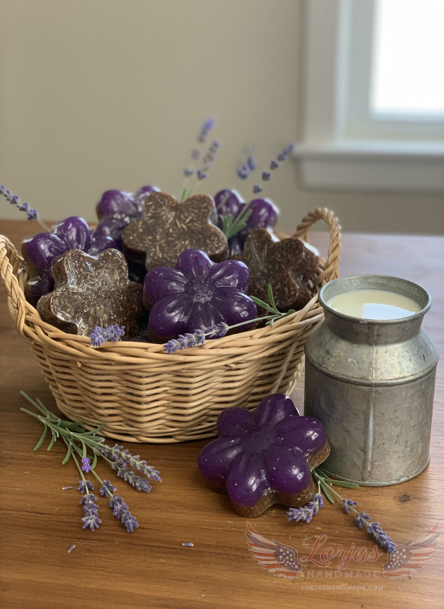 LorJas Handmade 'Lavender' scented organic goat milk scented soap in basket with fresh lavender beside pail of fresh goat milk on a wooden counter