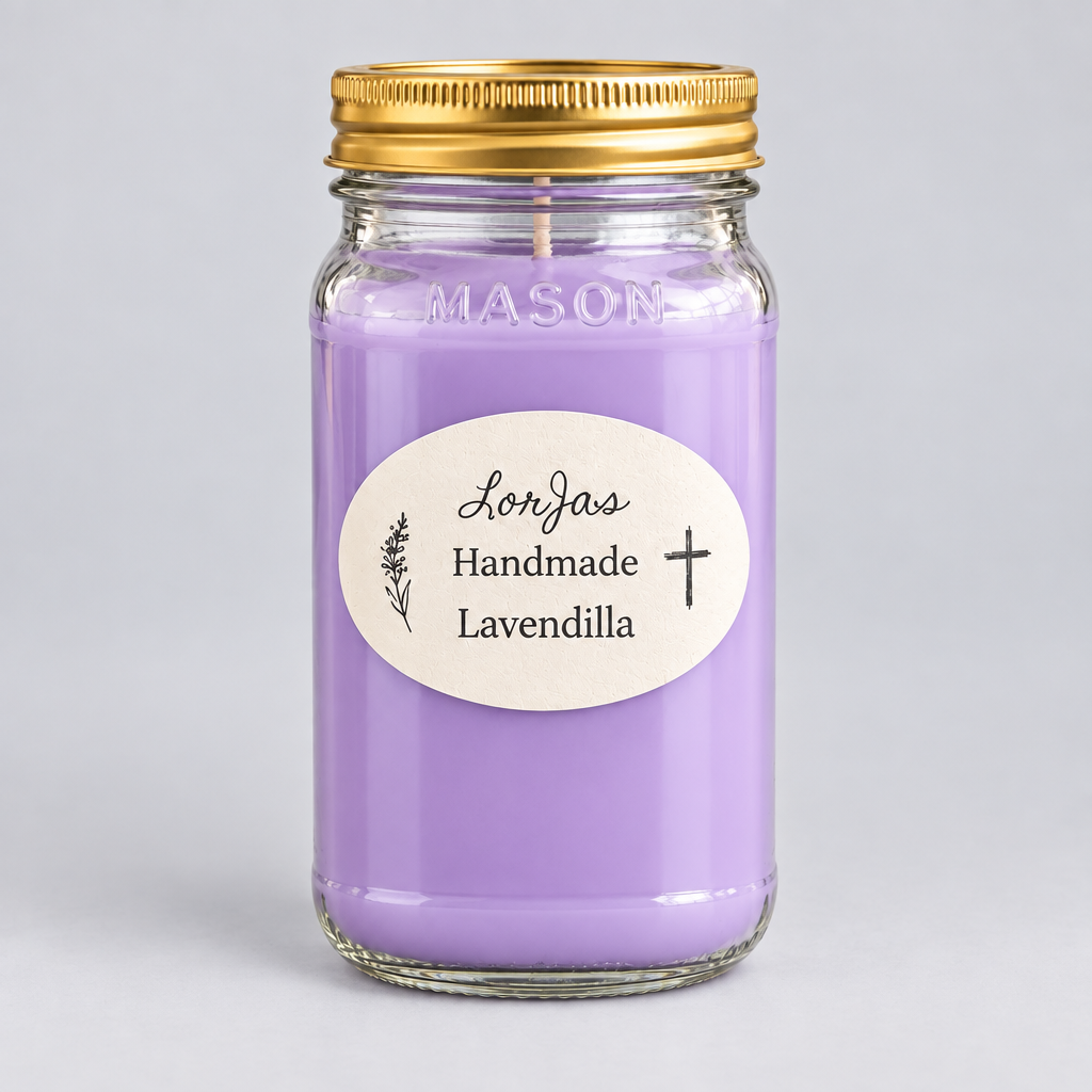 A lavender handcrafted candle in a clear glass mason jar with a gold metal lid, featuring a white oval label that reads 'Lor'Jas Handmade Lavendilla'.