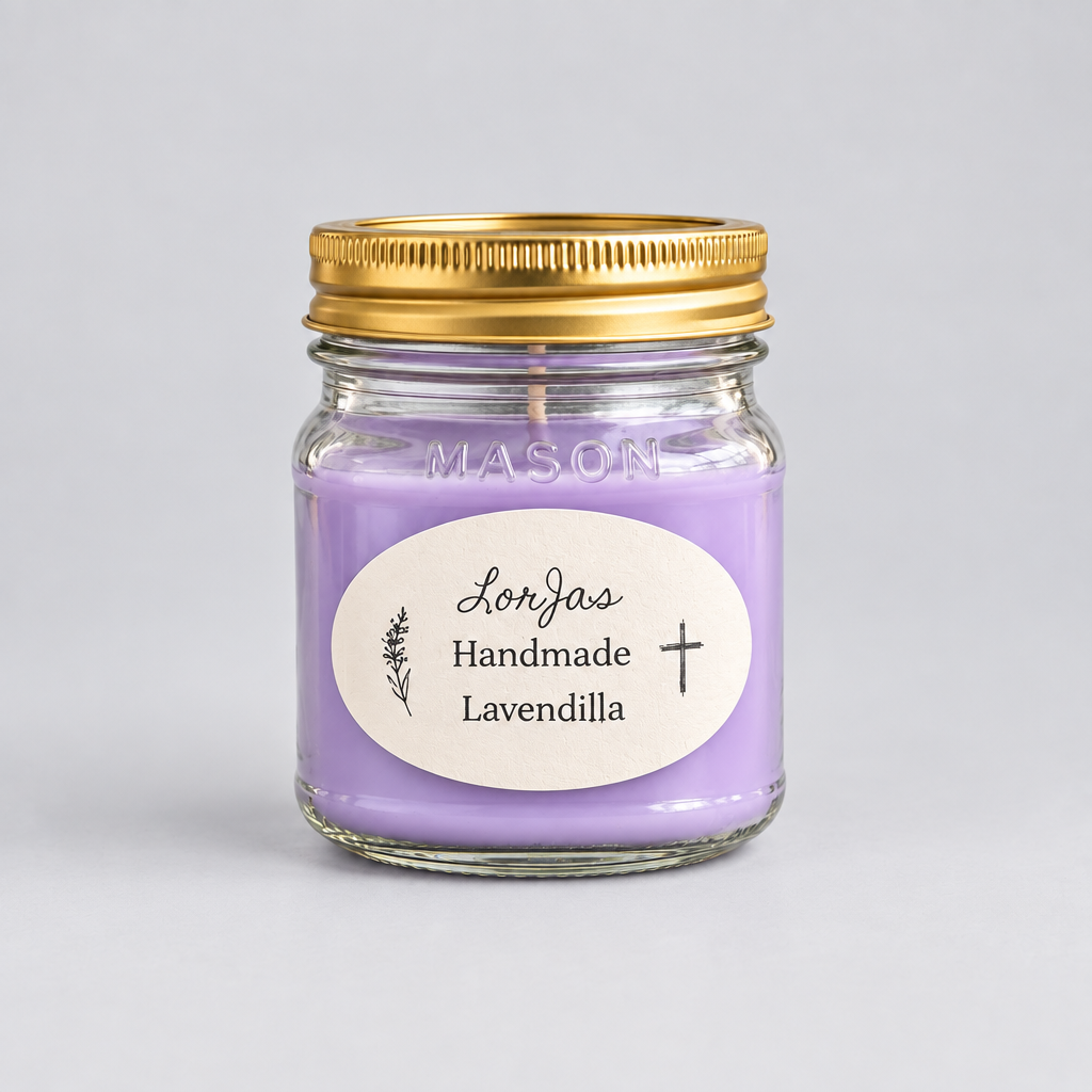 A lavender-colored candle in a clear glass mason jar with a gold metal lid, featuring a white oval label that reads 'Lor'Jas Handmade Lavendilla'.