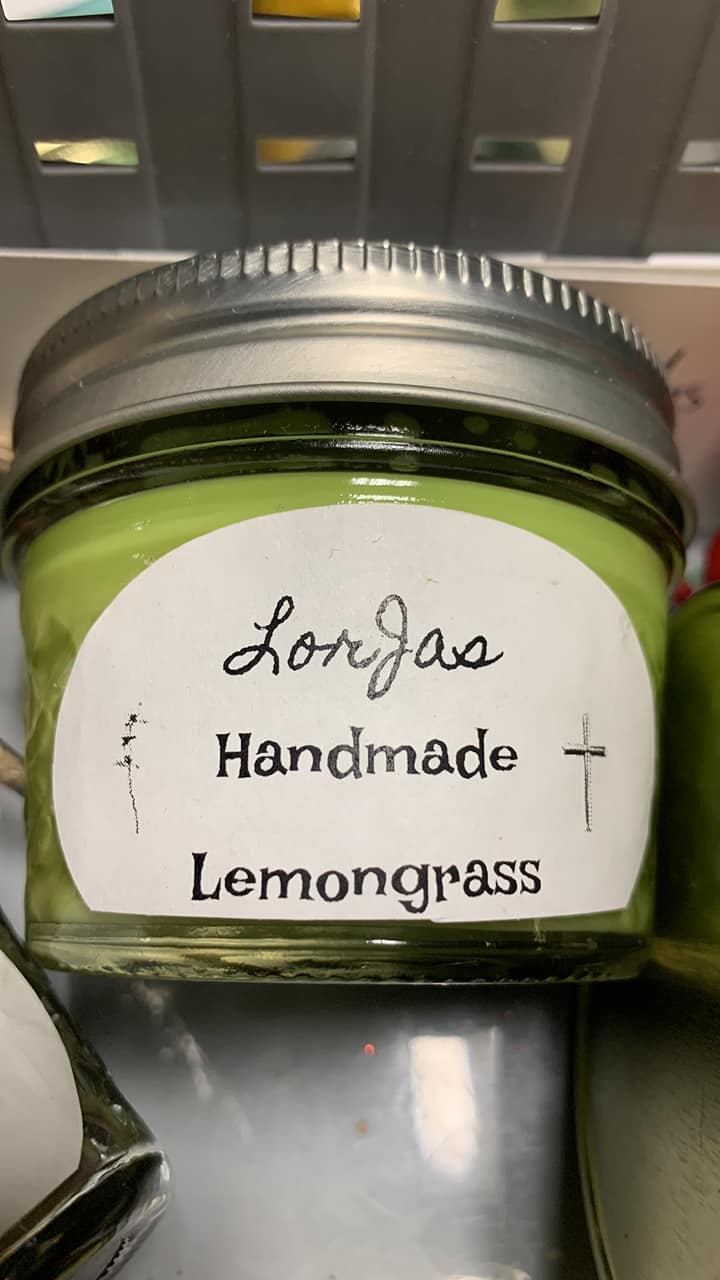 LorJas Handmade 'Lemongrass' scented organic soy candle in a glass jar in a basket.