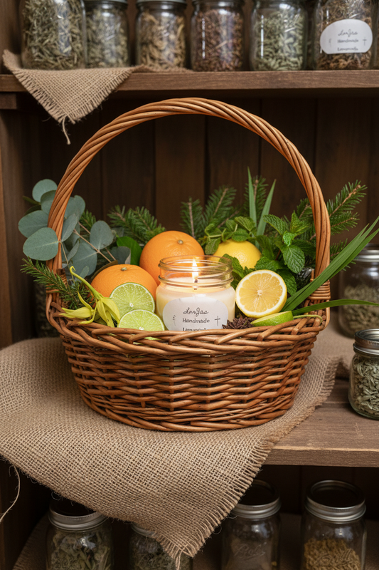 Wicker basket with fruits, candles, and herbs on a wooden shelf with jars with a LorJas Handmade Limoncello branded soy candle lit as the centerpiece.