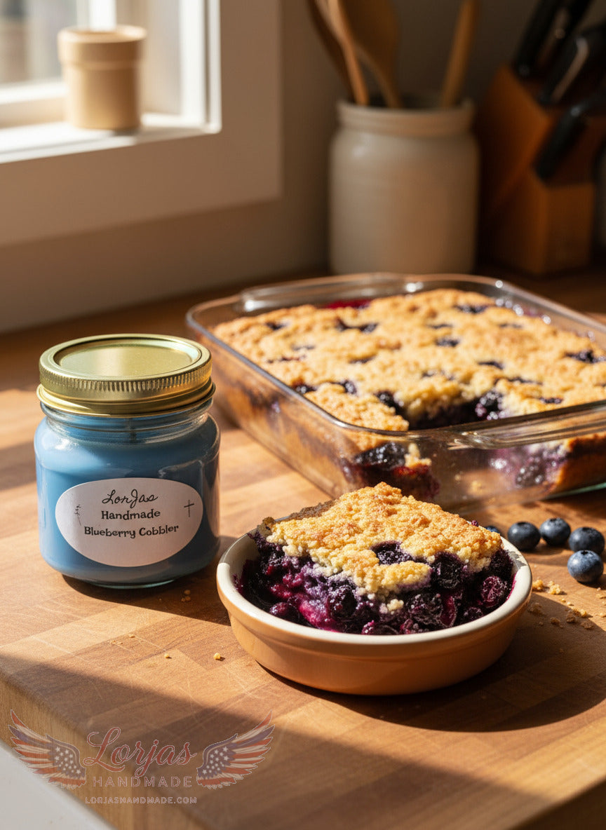 LorJas Handmade 'Blueberry Cobbler' scented organic soy candle beside serving of freshly baked blueberry cobbler and glass platter