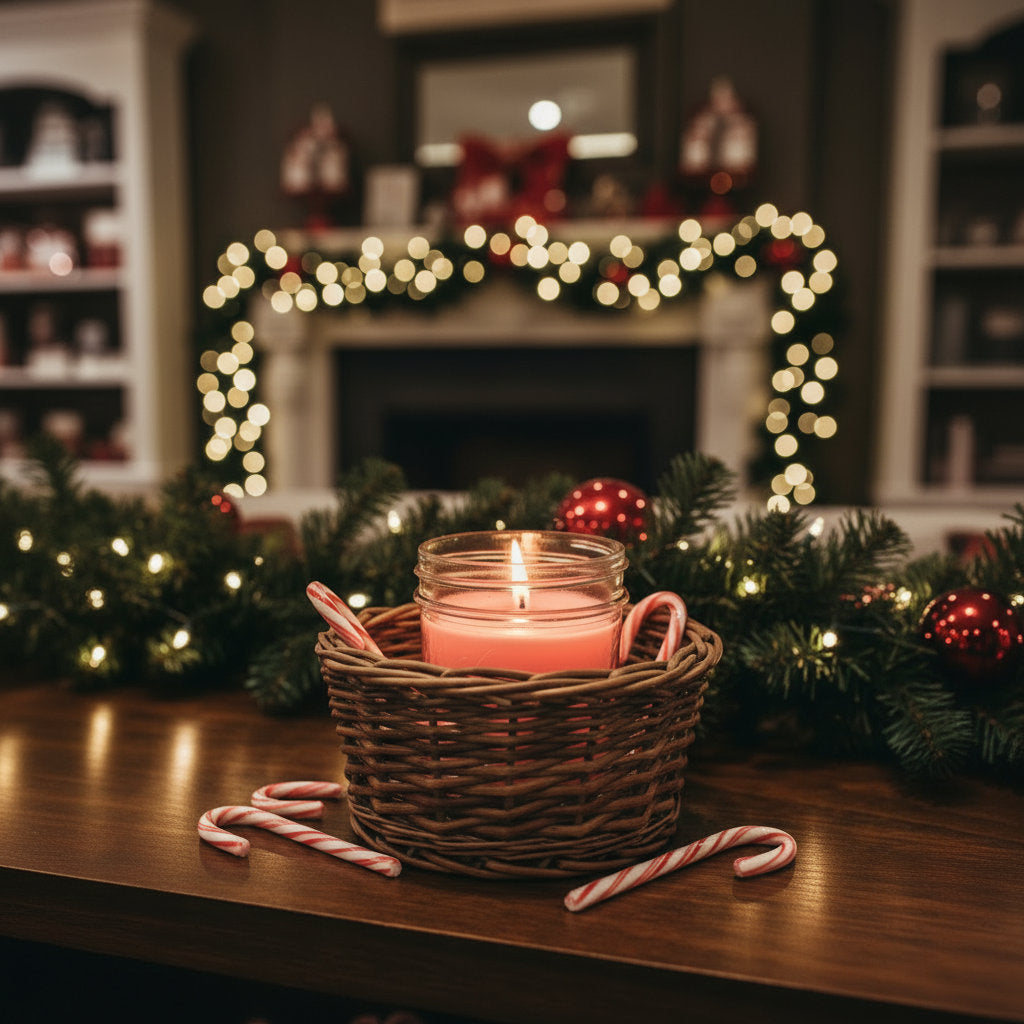 Pink LorJas Handmade Candy Cane lightly scented soy candle in a wicker basket with peppermint candy canes on a wooden surface in a decorated Christmas setting.