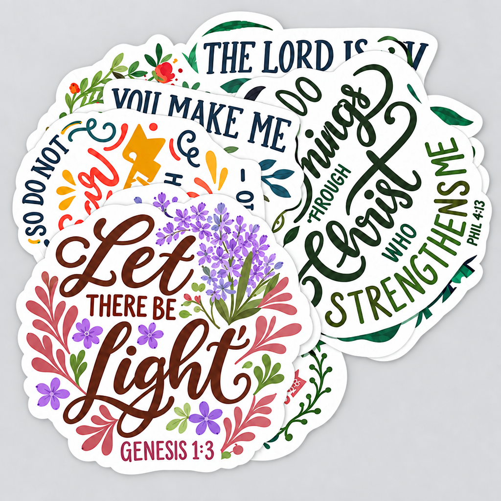 A set of overlapping die-cut Lor'Jas Handmade stickers with white borders, featuring colorful Bible verses and decorative floral illustrations on a light gray background.