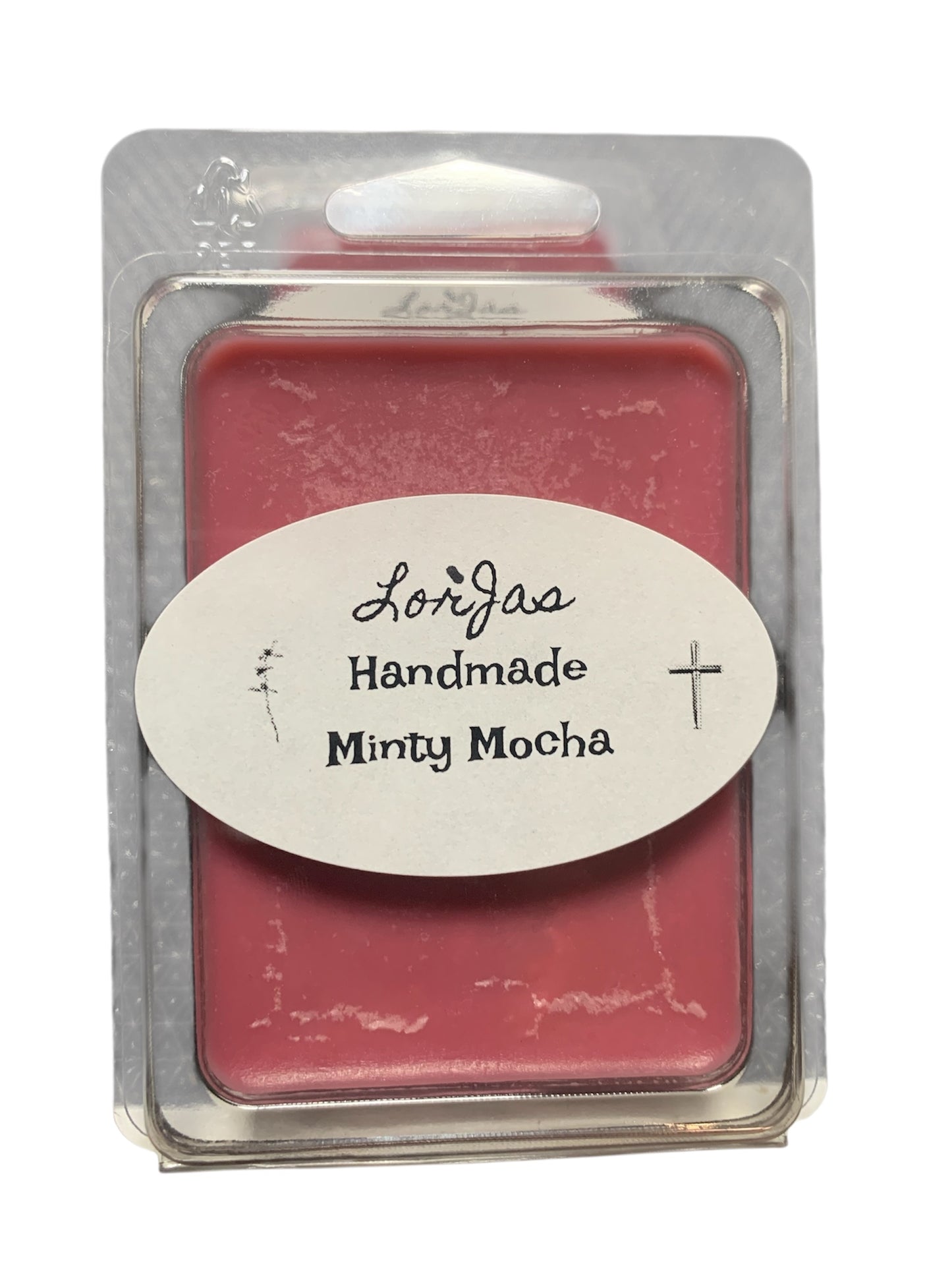 LorJas Handmade 'Minty Mocha' scented organic soy wax melt in clear product packaging with brand label on a white background