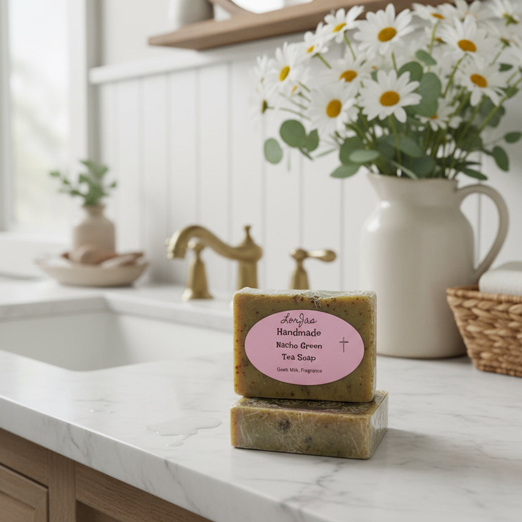 Two bars of LorJas Handmade 'Nacho Green Tea' organic goat-milk-base soap on a marble bathroom countertop with a vase of daisies in the background.