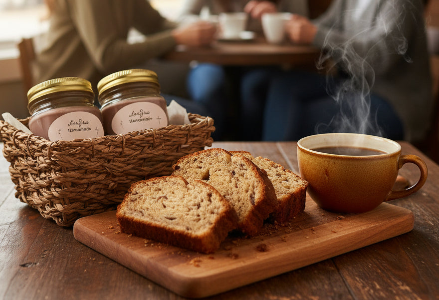 Jars of LorJas Handmade 'Nutz 4 Coffee' scented organic soy candles in basket on wooden counter with 3 slices of fresh banana nut bread and a cup of hot coffee on wooden serving board with cafe in background