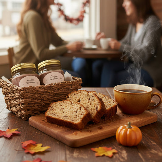 Jars of LorJas Handmade 'Nutz 4 Coffee' scented organic soy candles in basket on wooden counter with 3 slices of fresh banana nut bread and a cup of hot coffee on wooden serving board with cafe in background