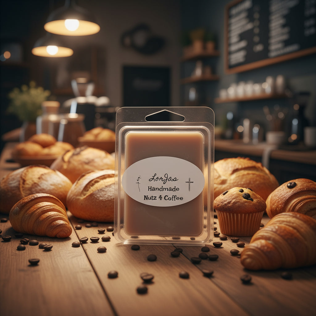 Packaged wax melt with LorJas Handmade 'Nutz 4 Coffee' labeling on a wooden counter with freshmade banana nut bread and pastries in a coffee shop and bakery.