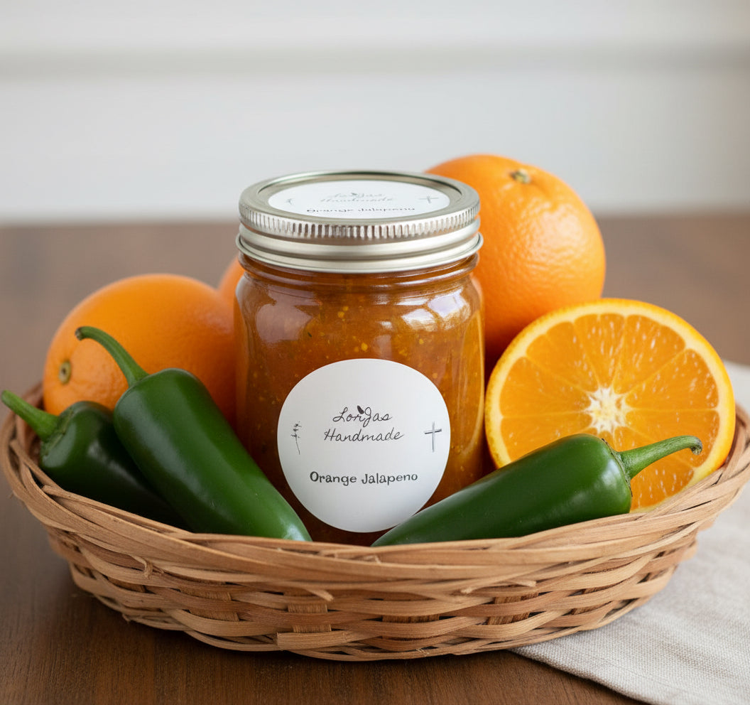Lorjas Handmade 'Orange Jalapeno' pepper jelly in basket with fresh jalapeño peppers and oranges on woodgrain counter