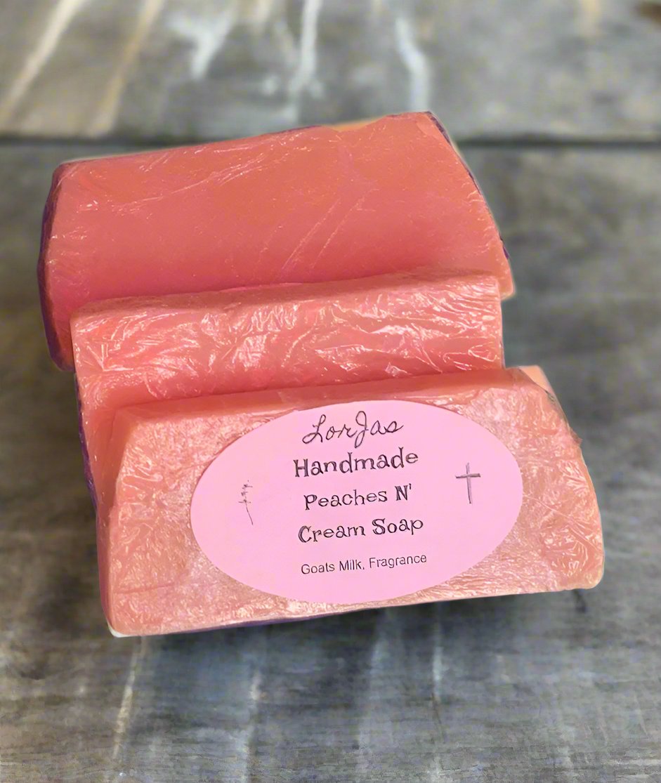 LorJas Handmade 'Peaches n Cream' scented traditional Castile soap on grey countertop with grey background
