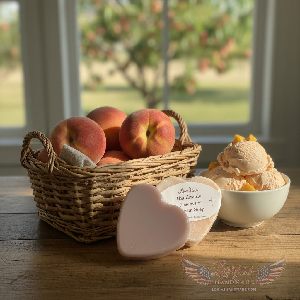 LorJas Handmade Peaches n Cream lightly scented organic goat milk soap beside a basket of fresh peaches and a bowl of freshly churned peach ice cream on wooden surface with an orchard in the background through a window