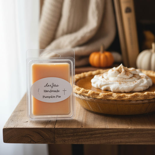 LorJas Handmade Pumpkin Pie lightly scented soy wax melt with a fresh-baked pumpkin pie on a wooden surface with a blurred seasonal backdrop.