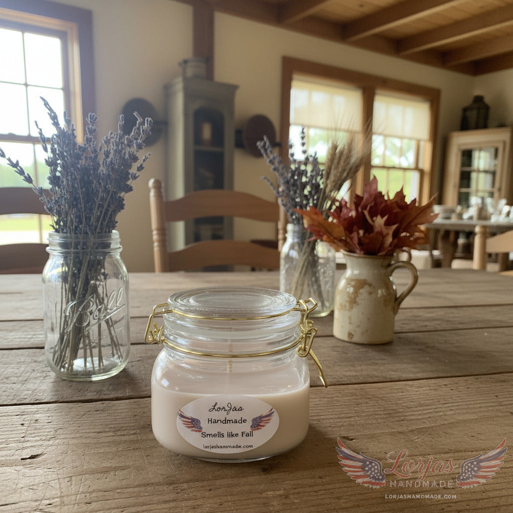 Jar of LorJas Handmade Smells Like Fall scented candle with decorative elements on a wooden table