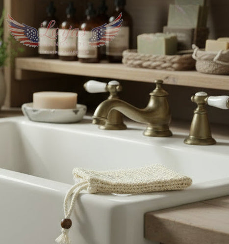 Beige crocheted pouch with a brown button on a blue textured background