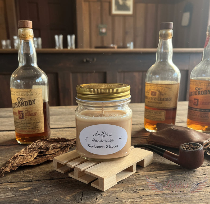 Organic soy scented candle with label 'LorJas Handmade Southern Saloon' on wooden stand and shelf with saloon background and items.