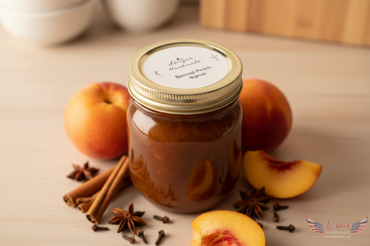 Jar with 'LorJas Handmade Spiced Peach Syrup' label on a red fabric background