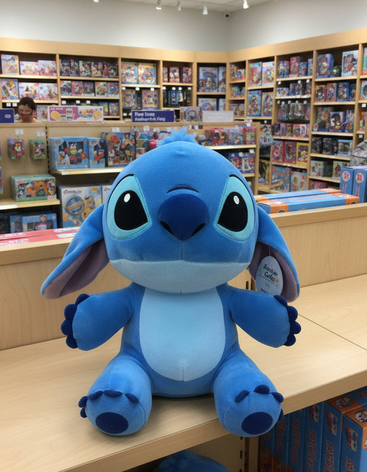 Blue plush toy resembling a character from a cartoon on a wooden shelf in a toy store.