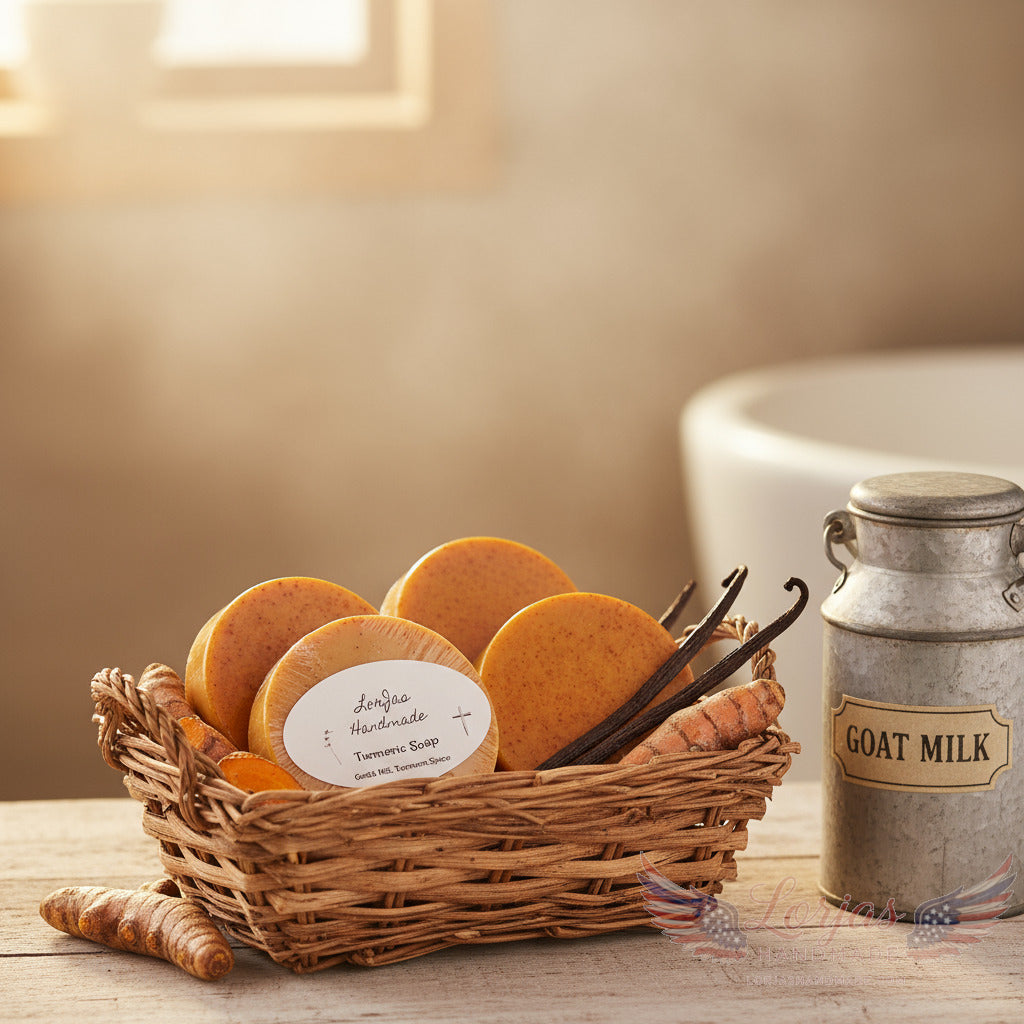 LorJas Handmade 'Turmeric' organic unscented goat milk soap in basket of fresh turmeric and vanilla bean beside pail of goat milk with ambient light coming through window in the background