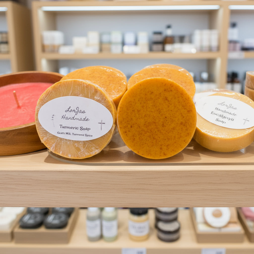Handmade soap bars on a wooden shelf with a store setting in the background