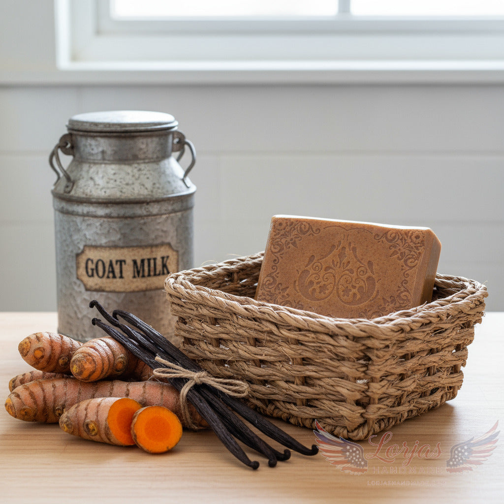 LorJas Handmade 'Turmeric Vanilla' scented organic goat milk soap in basket beside fresh turmeric, vanilla, and pail of goat milk on counter with ambient light coming through window in background