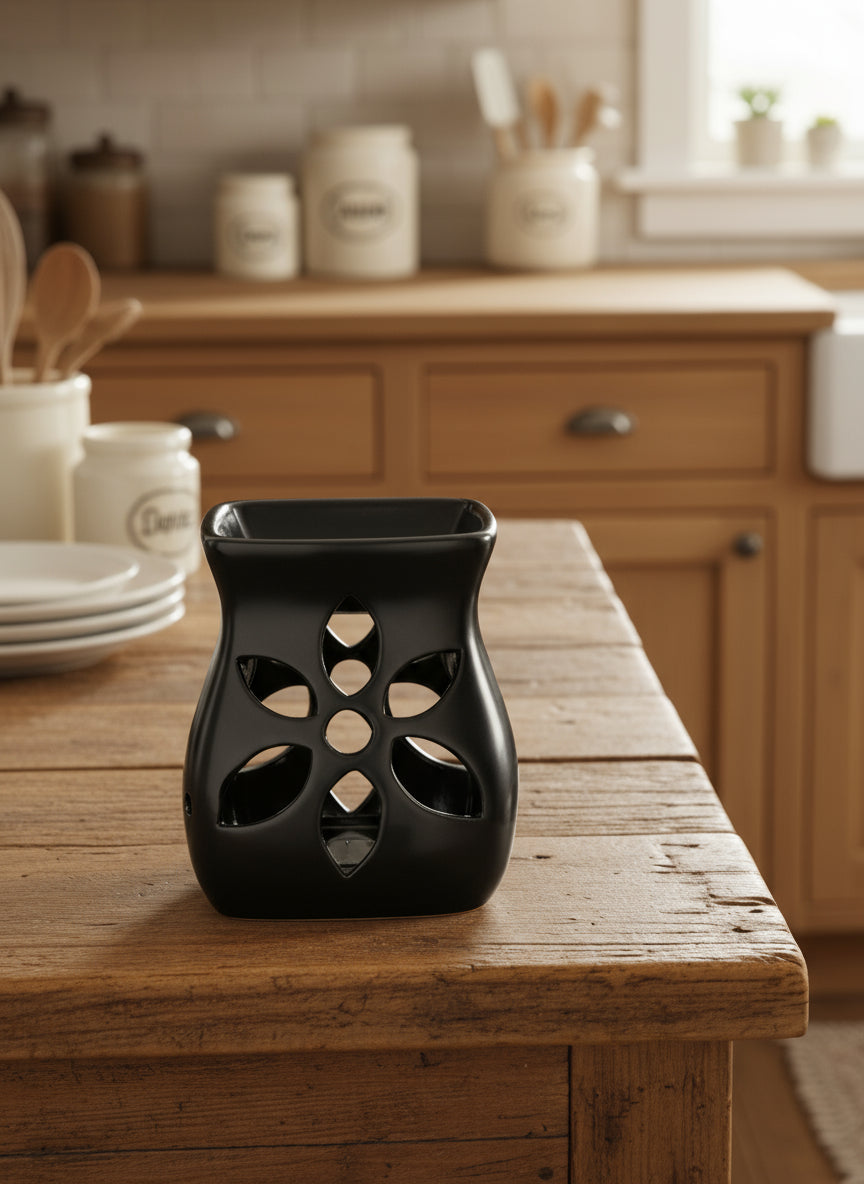 Ceramic wax warmer on a wooden table in a kitchen setting