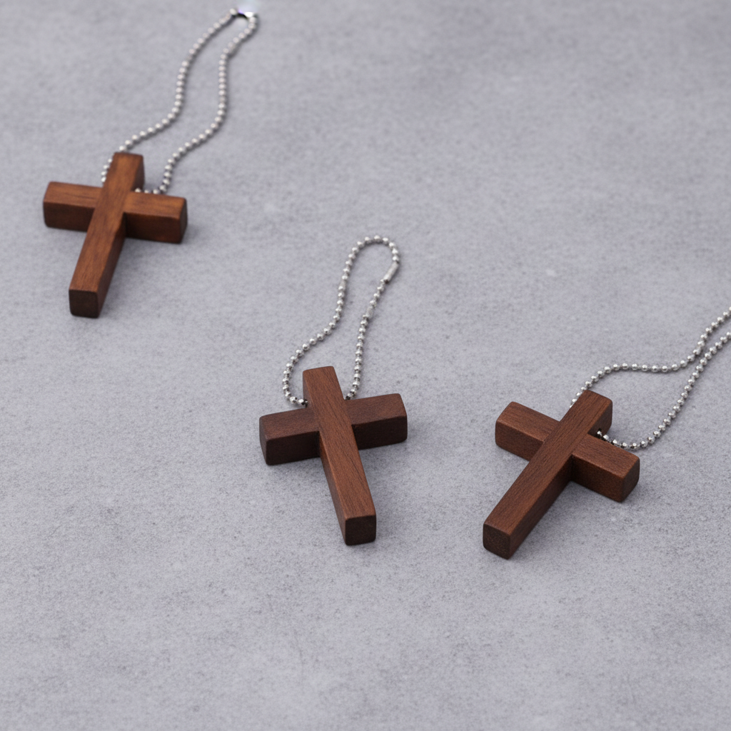 Three wooden crosses with a gray studio background.